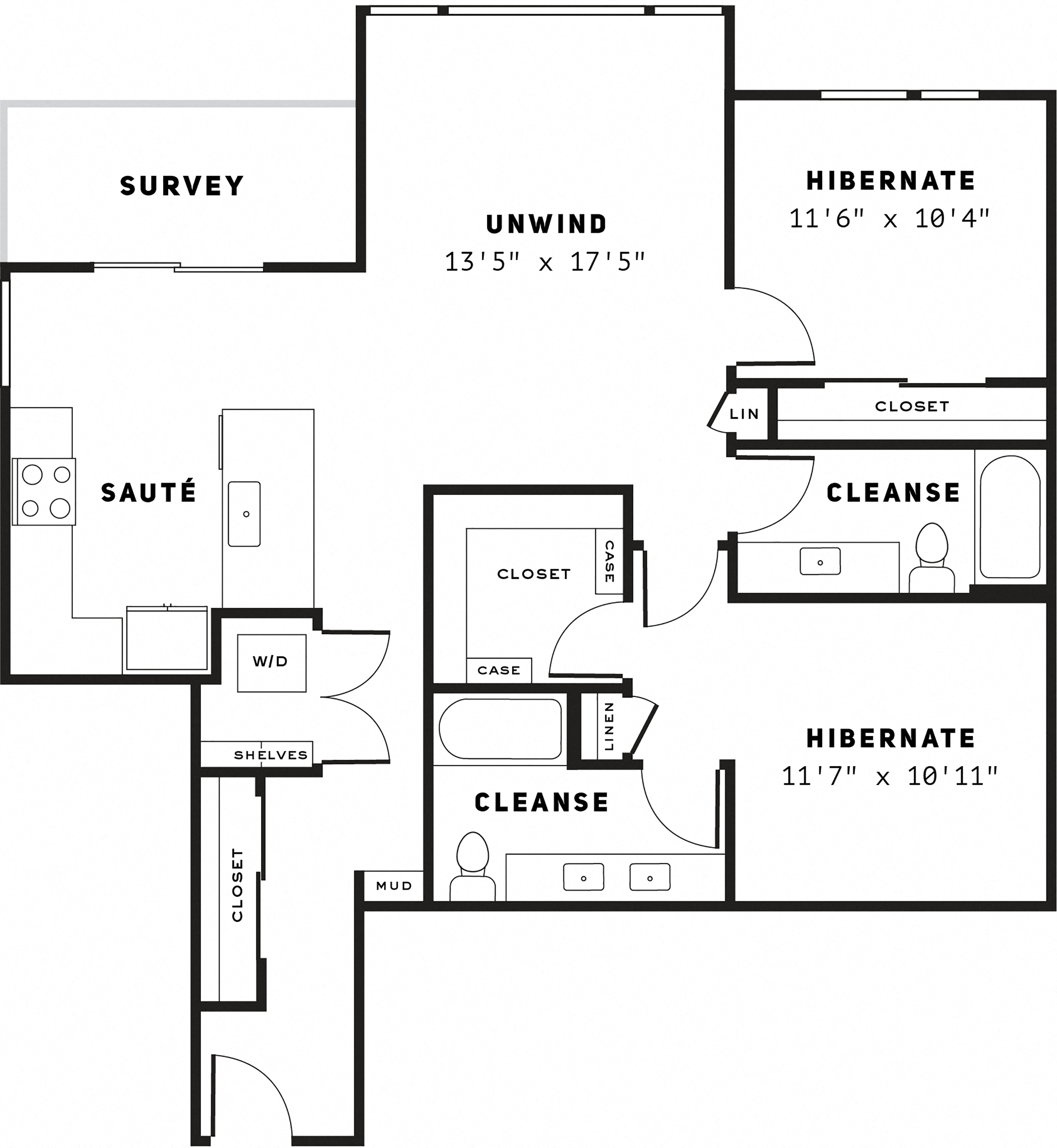 Floor plan for 2 beds, 2 baths, 1179 sqft